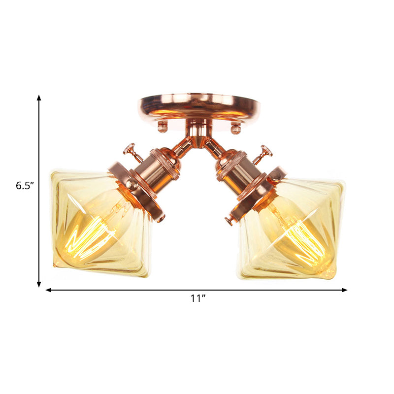 Diamond Amber/Clear Glass Semi Mount Lighting Farmhouse 2 Lights Black/Bronze Semi Flush Light Fixture for Restaurant Clearhalo 'Ceiling Lights' 'Close To Ceiling Lights' 'Close to ceiling' 'Semi-flushmount' Lighting' 258782