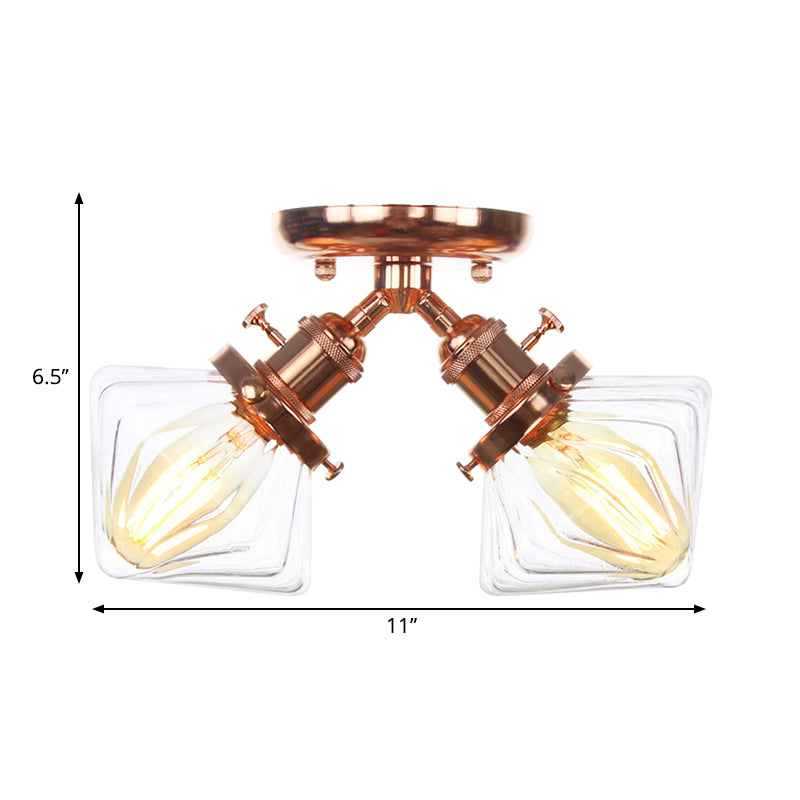 Diamond Amber/Clear Glass Semi Mount Lighting Farmhouse 2 Lights Black/Bronze Semi Flush Light Fixture for Restaurant Clearhalo 'Ceiling Lights' 'Close To Ceiling Lights' 'Close to ceiling' 'Semi-flushmount' Lighting' 258783