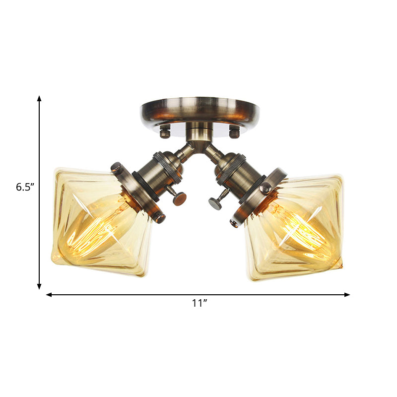 Diamond Amber/Clear Glass Semi Mount Lighting Farmhouse 2 Lights Black/Bronze Semi Flush Light Fixture for Restaurant Clearhalo 'Ceiling Lights' 'Close To Ceiling Lights' 'Close to ceiling' 'Semi-flushmount' Lighting' 258784