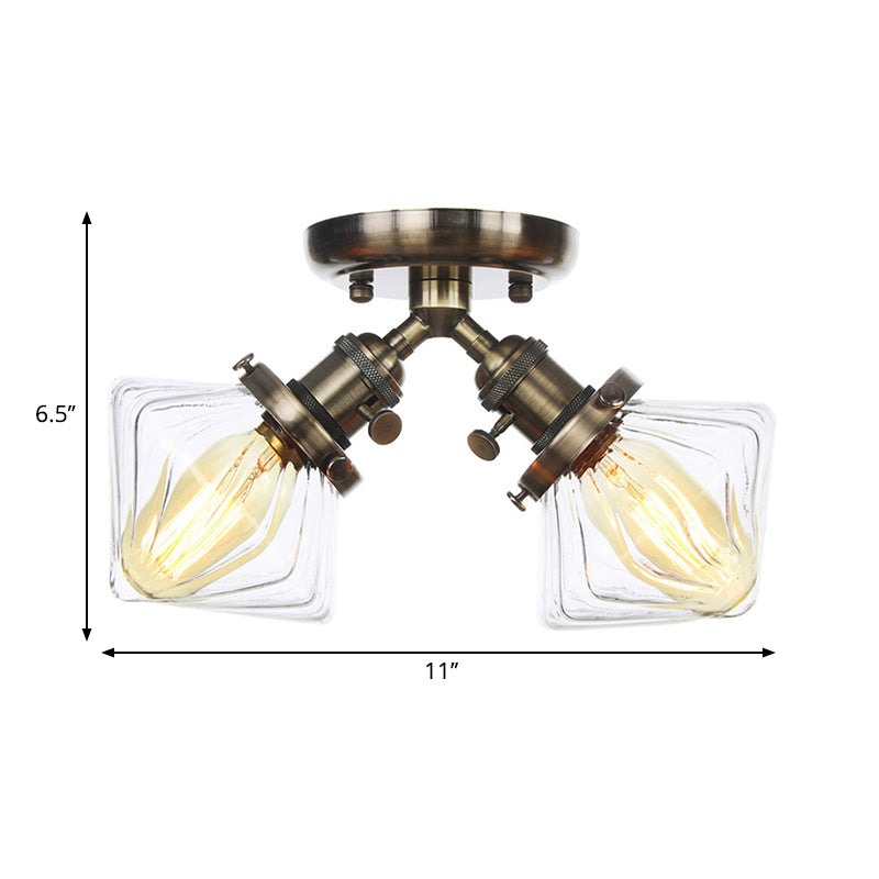 Diamond Amber/Clear Glass Semi Mount Lighting Farmhouse 2 Lights Black/Bronze Semi Flush Light Fixture for Restaurant Clearhalo 'Ceiling Lights' 'Close To Ceiling Lights' 'Close to ceiling' 'Semi-flushmount' Lighting' 258785