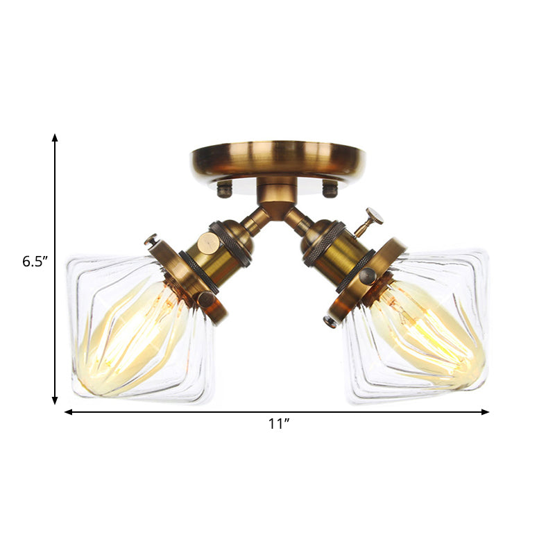 Diamond Amber/Clear Glass Semi Mount Lighting Farmhouse 2 Lights Black/Bronze Semi Flush Light Fixture for Restaurant Clearhalo 'Ceiling Lights' 'Close To Ceiling Lights' 'Close to ceiling' 'Semi-flushmount' Lighting' 258787