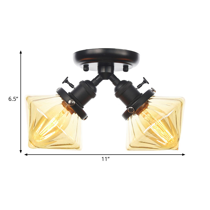 Diamond Amber/Clear Glass Semi Mount Lighting Farmhouse 2 Lights Black/Bronze Semi Flush Light Fixture for Restaurant Clearhalo 'Ceiling Lights' 'Close To Ceiling Lights' 'Close to ceiling' 'Semi-flushmount' Lighting' 258789