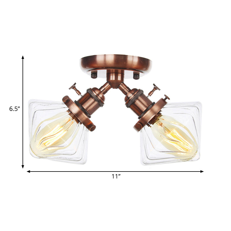 Diamond Amber/Clear Glass Semi Mount Lighting Farmhouse 2 Lights Black/Bronze Semi Flush Light Fixture for Restaurant Clearhalo 'Ceiling Lights' 'Close To Ceiling Lights' 'Close to ceiling' 'Semi-flushmount' Lighting' 258790