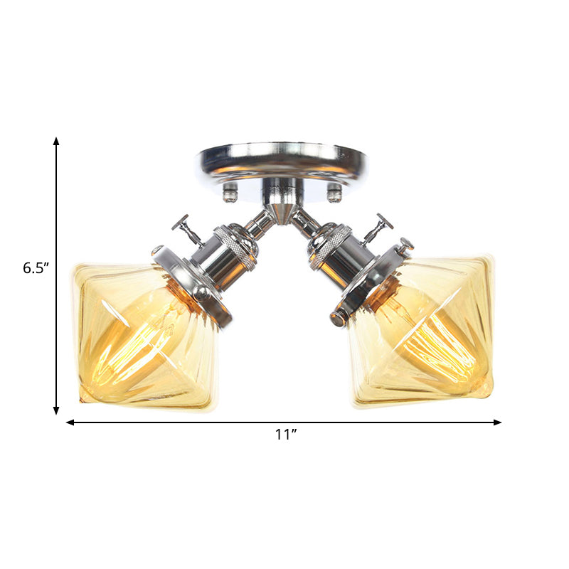 Diamond Amber/Clear Glass Semi Mount Lighting Farmhouse 2 Lights Black/Bronze Semi Flush Light Fixture for Restaurant Clearhalo 'Ceiling Lights' 'Close To Ceiling Lights' 'Close to ceiling' 'Semi-flushmount' Lighting' 258791