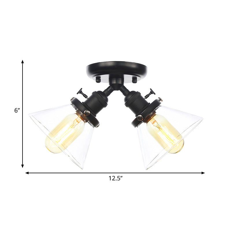 2 Heads Restaurant Ceiling Light Fixture Vintage Style Black/Bronze Semi Flush Mount Light with Conic Amber/Clear Glass Shade Clearhalo 'Ceiling Lights' 'Chandeliers' 'Close To Ceiling Lights' 'Close to ceiling' 'Glass shade' 'Glass' 'Semi-flushmount' Lighting' 258793