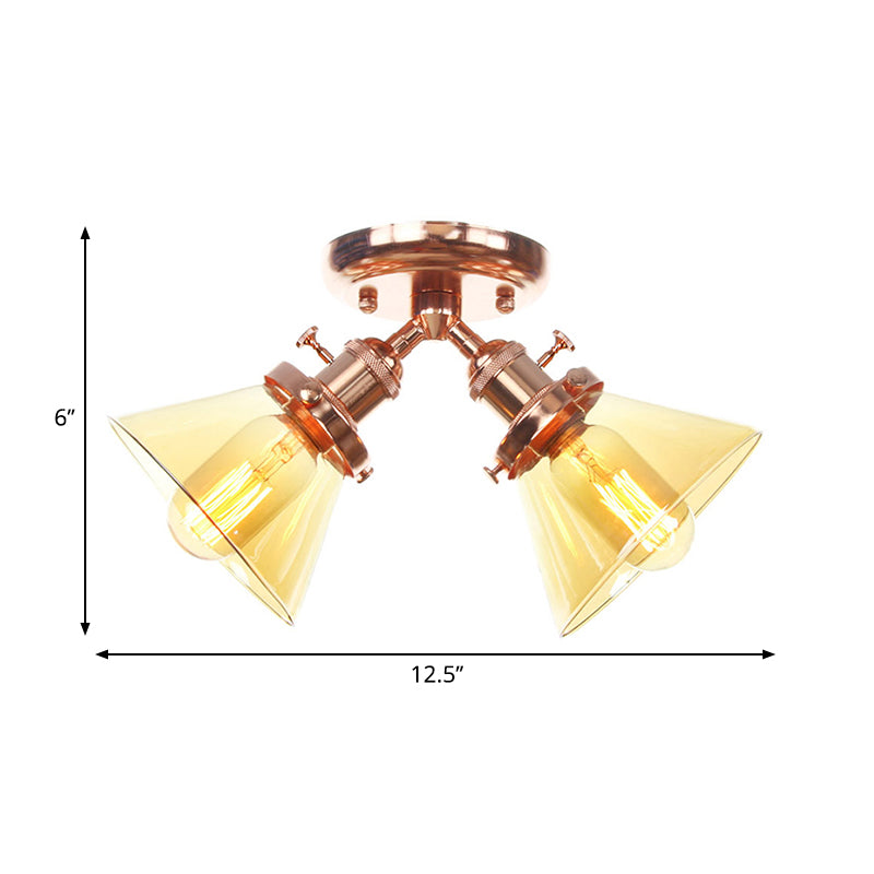 2 Heads Restaurant Ceiling Light Fixture Vintage Style Black/Bronze Semi Flush Mount Light with Conic Amber/Clear Glass Shade Clearhalo 'Ceiling Lights' 'Chandeliers' 'Close To Ceiling Lights' 'Close to ceiling' 'Glass shade' 'Glass' 'Semi-flushmount' Lighting' 258794