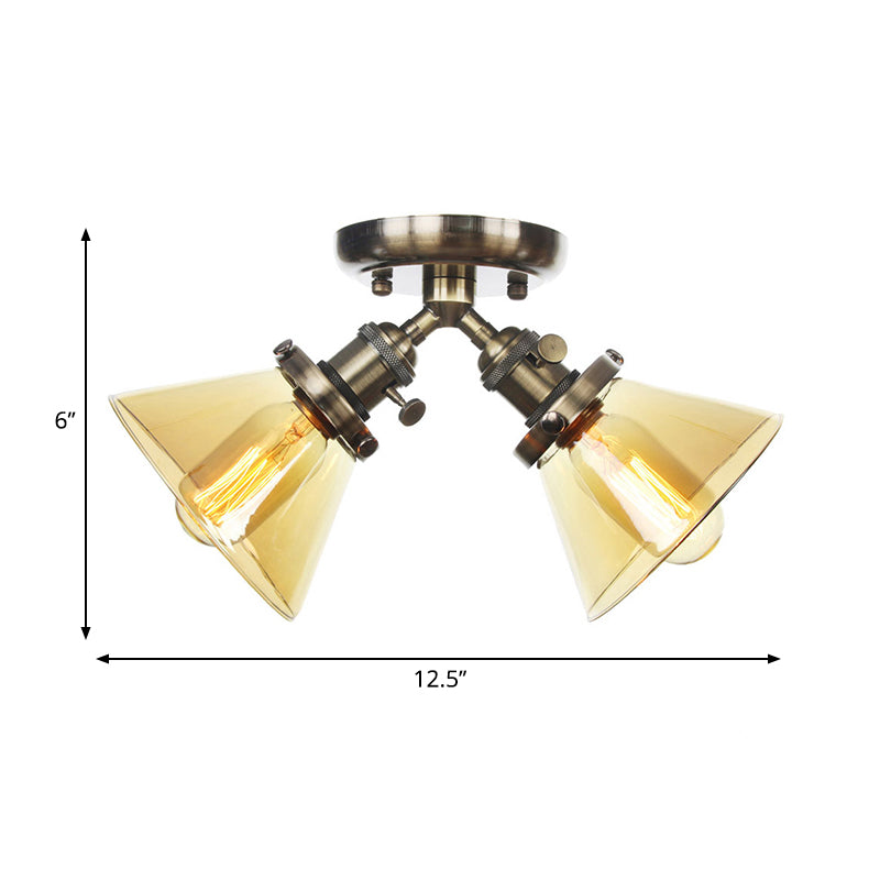 2 Heads Restaurant Ceiling Light Fixture Vintage Style Black/Bronze Semi Flush Mount Light with Conic Amber/Clear Glass Shade Clearhalo 'Ceiling Lights' 'Chandeliers' 'Close To Ceiling Lights' 'Close to ceiling' 'Glass shade' 'Glass' 'Semi-flushmount' Lighting' 258796
