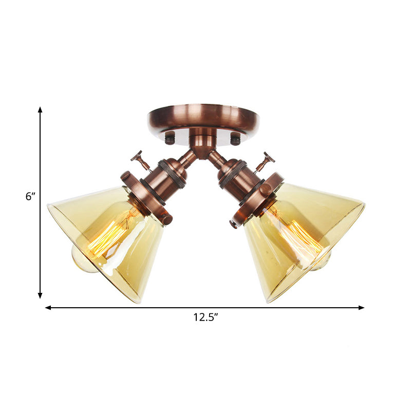 2 Heads Restaurant Ceiling Light Fixture Vintage Style Black/Bronze Semi Flush Mount Light with Conic Amber/Clear Glass Shade Clearhalo 'Ceiling Lights' 'Chandeliers' 'Close To Ceiling Lights' 'Close to ceiling' 'Glass shade' 'Glass' 'Semi-flushmount' Lighting' 258800