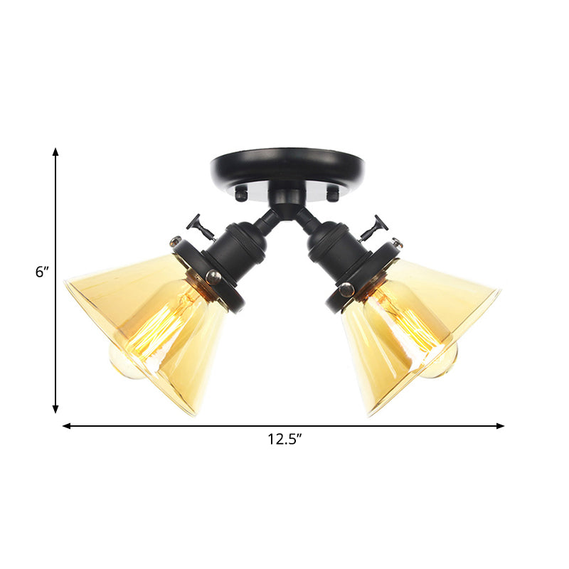 2 Heads Restaurant Ceiling Light Fixture Vintage Style Black/Bronze Semi Flush Mount Light with Conic Amber/Clear Glass Shade Clearhalo 'Ceiling Lights' 'Chandeliers' 'Close To Ceiling Lights' 'Close to ceiling' 'Glass shade' 'Glass' 'Semi-flushmount' Lighting' 258801
