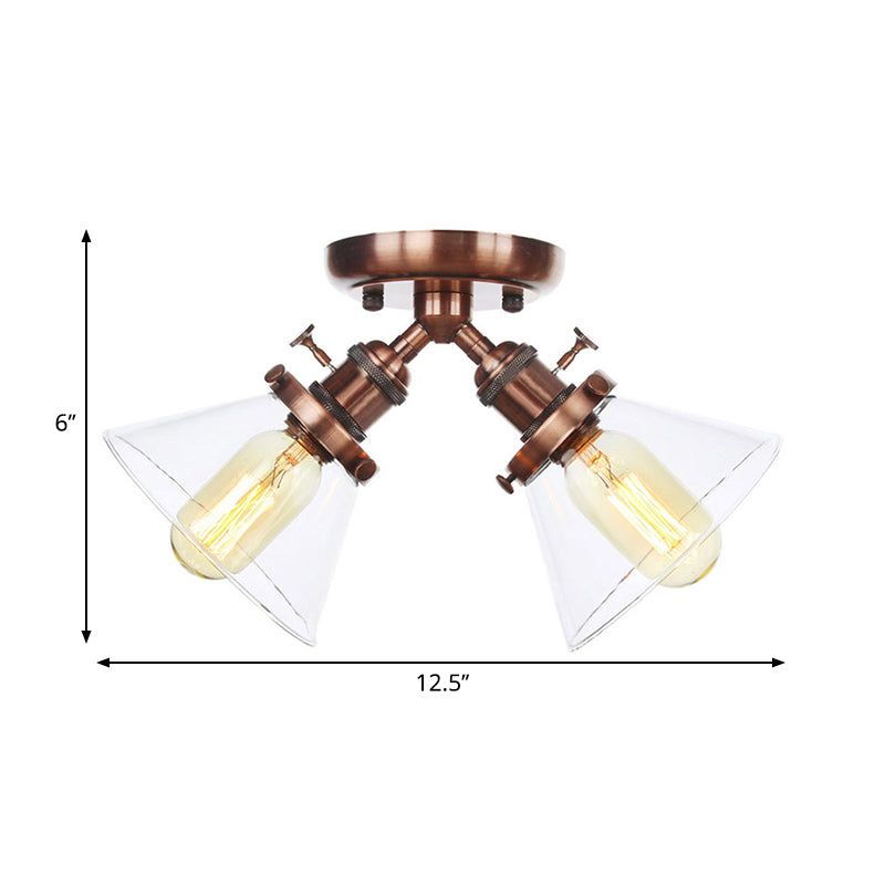 2 Heads Restaurant Ceiling Light Fixture Vintage Style Black/Bronze Semi Flush Mount Light with Conic Amber/Clear Glass Shade Clearhalo 'Ceiling Lights' 'Chandeliers' 'Close To Ceiling Lights' 'Close to ceiling' 'Glass shade' 'Glass' 'Semi-flushmount' Lighting' 258802