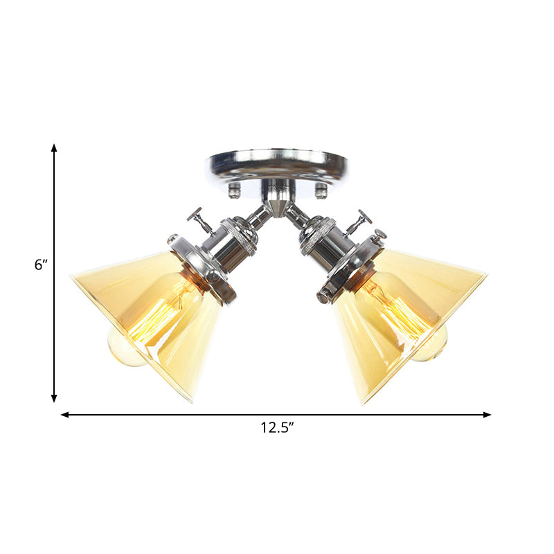 2 Heads Restaurant Ceiling Light Fixture Vintage Style Black/Bronze Semi Flush Mount Light with Conic Amber/Clear Glass Shade Clearhalo 'Ceiling Lights' 'Chandeliers' 'Close To Ceiling Lights' 'Close to ceiling' 'Glass shade' 'Glass' 'Semi-flushmount' Lighting' 258803