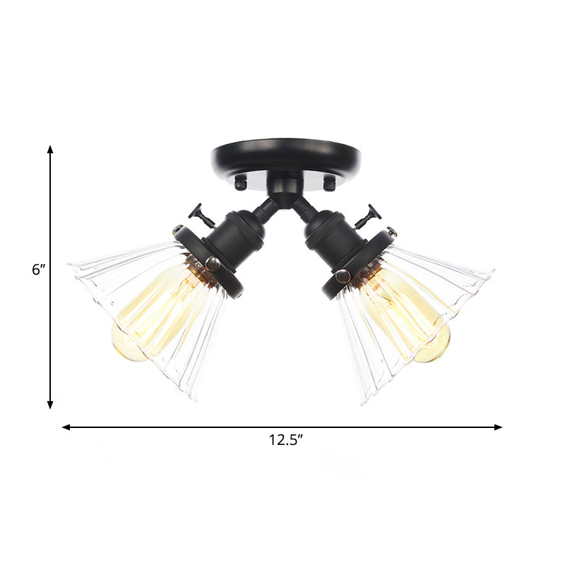 Cone Shade Bedroom Semi Mount Lighting Amber/Clear Glass 2 Heads Industrial Stylish Ceiling Flush Mount in Black/Bronze Clearhalo 'Ceiling Lights' 'Close To Ceiling Lights' 'Close to ceiling' 'Glass shade' 'Glass' 'Pendant Lights' 'Semi-flushmount' Lighting' 258805