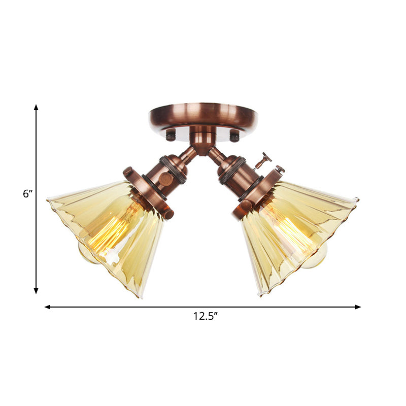 Cone Shade Bedroom Semi Mount Lighting Amber/Clear Glass 2 Heads Industrial Stylish Ceiling Flush Mount in Black/Bronze Clearhalo 'Ceiling Lights' 'Close To Ceiling Lights' 'Close to ceiling' 'Glass shade' 'Glass' 'Pendant Lights' 'Semi-flushmount' Lighting' 258812