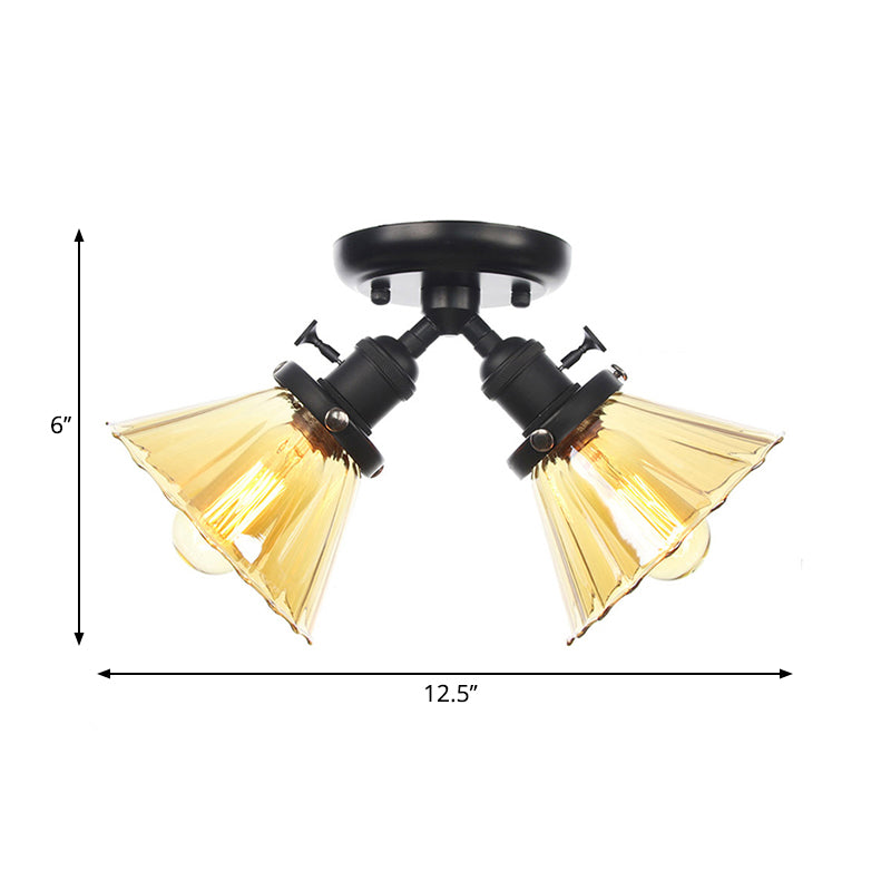 Cone Shade Bedroom Semi Mount Lighting Amber/Clear Glass 2 Heads Industrial Stylish Ceiling Flush Mount in Black/Bronze Clearhalo 'Ceiling Lights' 'Close To Ceiling Lights' 'Close to ceiling' 'Glass shade' 'Glass' 'Pendant Lights' 'Semi-flushmount' Lighting' 258813