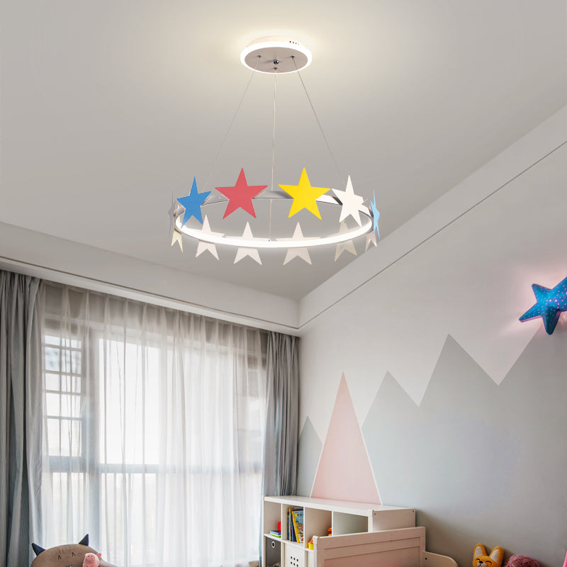 19.5"/23.5" Dia Metal Ring Chandelier Light with Star Decoration Cartoon LED Suspension Light in White, Warm/White Light White Clearhalo 'Ceiling Lights' 'Chandeliers' Lighting' options 258840_ec032d67-cccf-4301-baef-70eddea8e2bd