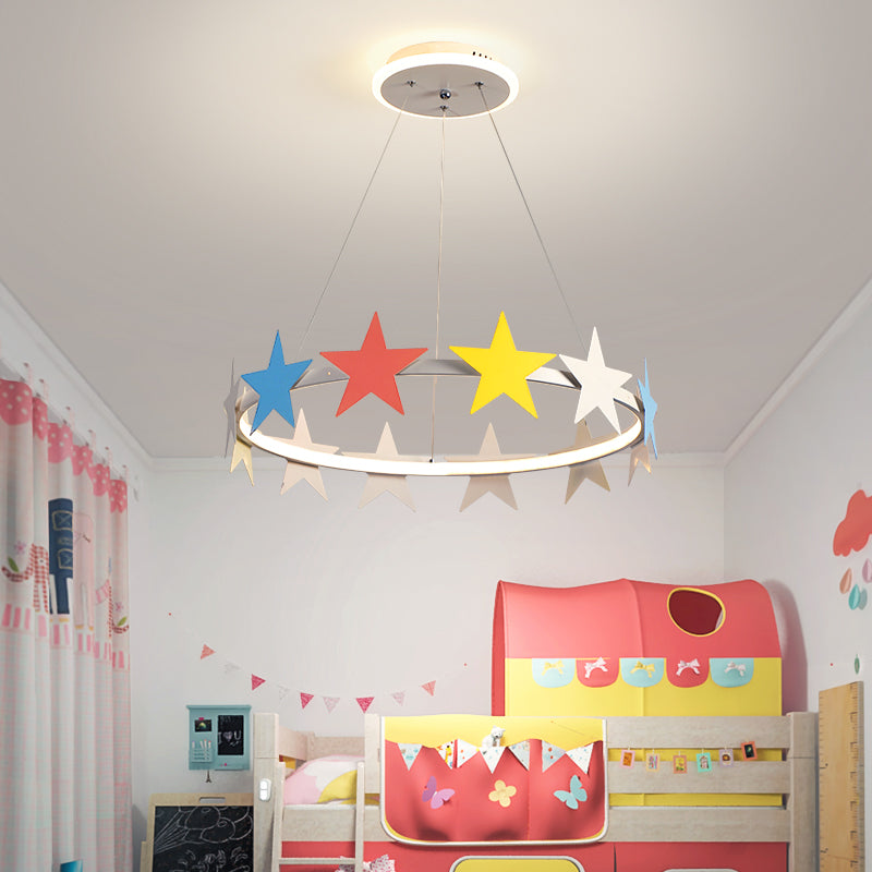 19.5"/23.5" Dia Metal Ring Chandelier Light with Star Decoration Cartoon LED Suspension Light in White, Warm/White Light Clearhalo 'Ceiling Lights' 'Chandeliers' Lighting' options 258841