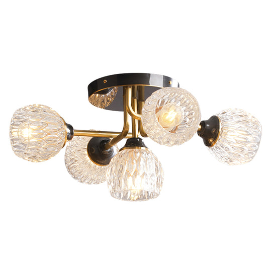 Bowl Semi Flush Chandelier Ultra-Contemporary 5 Lights Ribbed Glass Ceiling Light Fixtures for Bedroom Black Clearhalo 'Ceiling Lights' 'Close To Ceiling Lights' 'Close to ceiling' 'Semi-flushmount' Lighting' 2588530