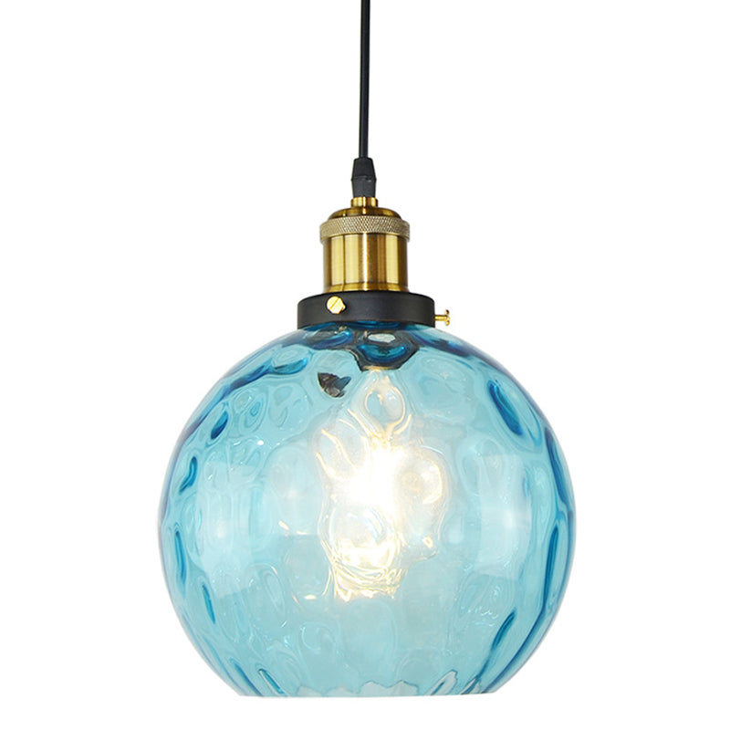 Blue 1 Light Spherical Pendant Lamp Vintage Industrial Ripple Glass Hanging Lamp for Living Room Clearhalo 'Ceiling Lights' 'Glass shade' 'Glass' 'Industrial Pendants' 'Industrial' 'Middle Century Pendants' 'Pendant Lights' 'Pendants' 'Tiffany' Lighting' 2588622