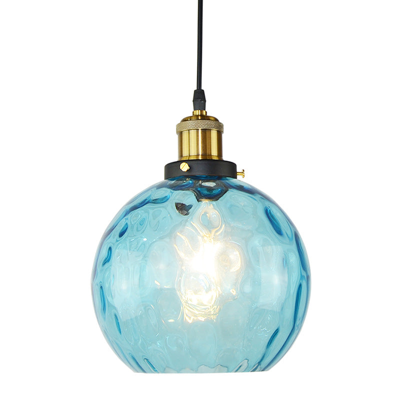 Blue 1 Light Spherical Pendant Lamp Vintage Industrial Ripple Glass Hanging Lamp for Living Room Blue Clearhalo 'Ceiling Lights' 'Glass shade' 'Glass' 'Industrial Pendants' 'Industrial' 'Middle Century Pendants' 'Pendant Lights' 'Pendants' 'Tiffany' Lighting' 2588623