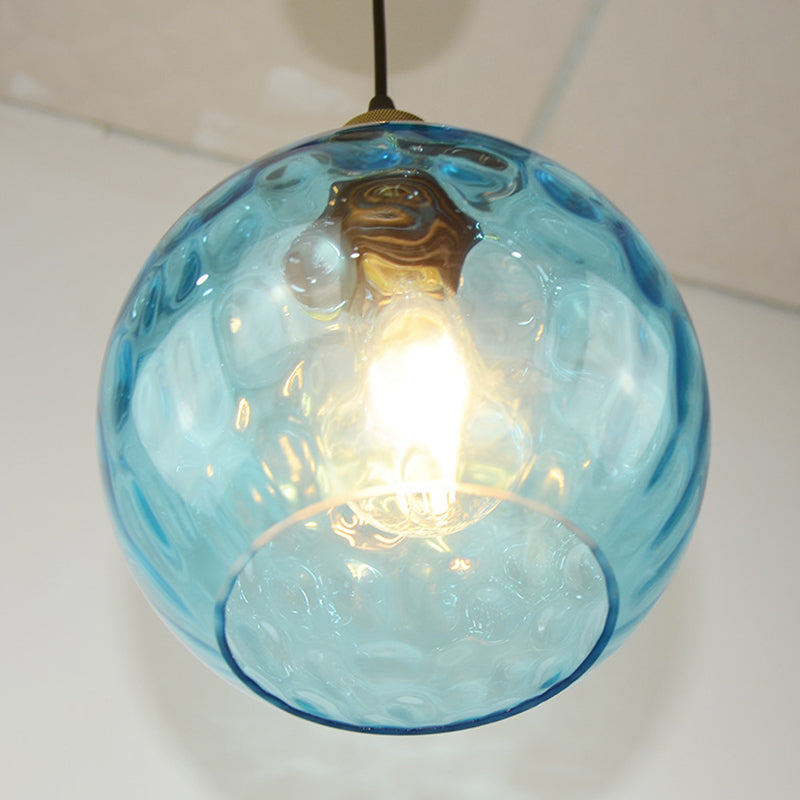 Blue 1 Light Spherical Pendant Lamp Vintage Industrial Ripple Glass Hanging Lamp for Living Room Clearhalo 'Ceiling Lights' 'Glass shade' 'Glass' 'Industrial Pendants' 'Industrial' 'Middle Century Pendants' 'Pendant Lights' 'Pendants' 'Tiffany' Lighting' 2588624