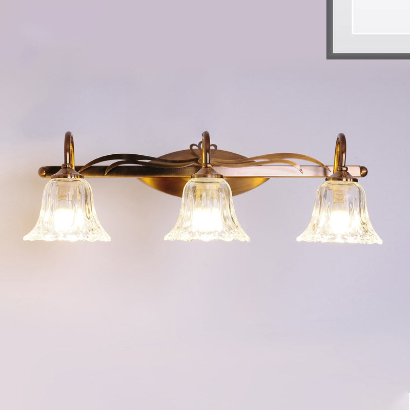 Bell Bathroom Vanity Sconce Light Clear Crystal 2/3/4-Head Vintage Style Wall Lamp with Gooseneck Arm in Brown 3.0 Brown Clearhalo 'Modern wall lights' 'Modern' 'Vanity Lights' 'Wall Lights' Lighting' 258863