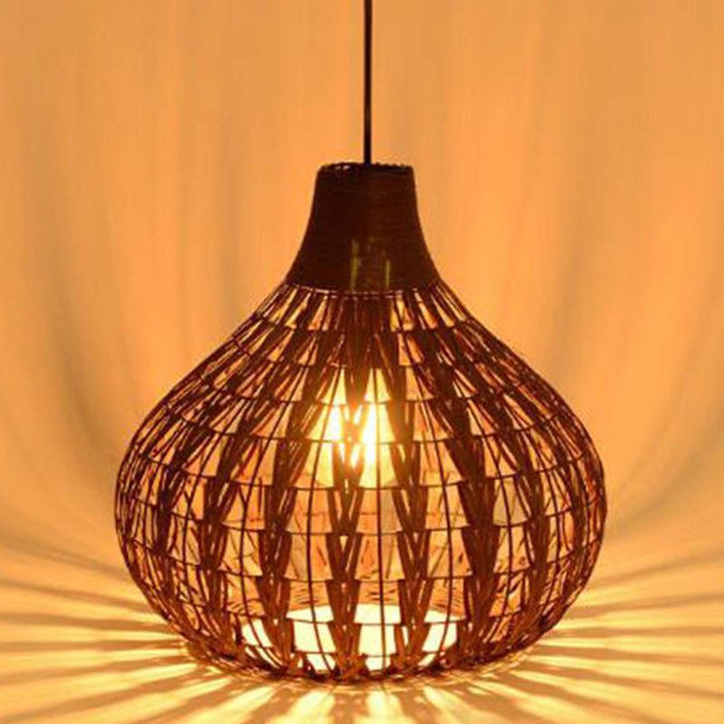 1 Light Teardrop Pendant Lamp Rustic Ribbed Rattan Hanging Lamp for Dining Room Table Clearhalo 'Ceiling Lights' 'Pendant Lights' 'Pendants' Lighting' 2588631
