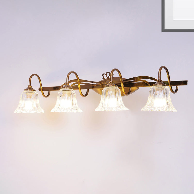 Bell Bathroom Vanity Sconce Light Clear Crystal 2/3/4-Head Vintage Style Wall Lamp with Gooseneck Arm in Brown 4.0 Brown Clearhalo 'Modern wall lights' 'Modern' 'Vanity Lights' 'Wall Lights' Lighting' 258867