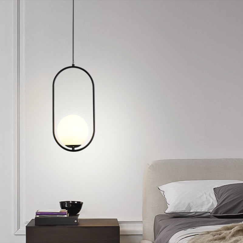 Mid-Century Design Globe Hanging Lamp White Glass Shade Pendant Light with Metal Ring Clearhalo 'Ceiling Lights' 'Modern Pendants' 'Modern' 'Pendant Lights' 'Pendants' Lighting' 2588699