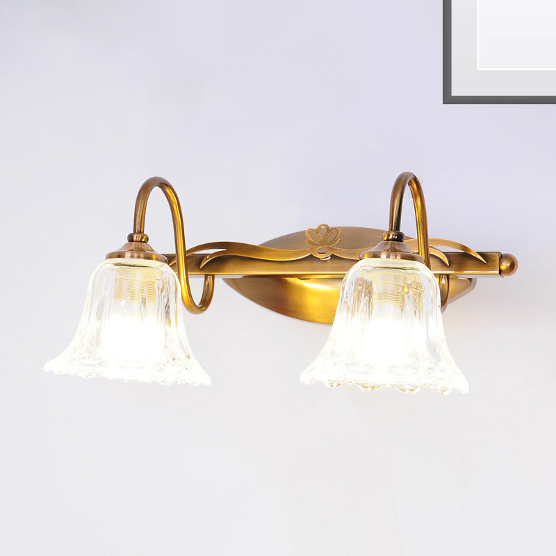 Bell Bathroom Vanity Sconce Light Clear Crystal 2/3/4-Head Vintage Style Wall Lamp with Gooseneck Arm in Brown 2.0 Brown Clearhalo 'Modern wall lights' 'Modern' 'Vanity Lights' 'Wall Lights' Lighting' 258871