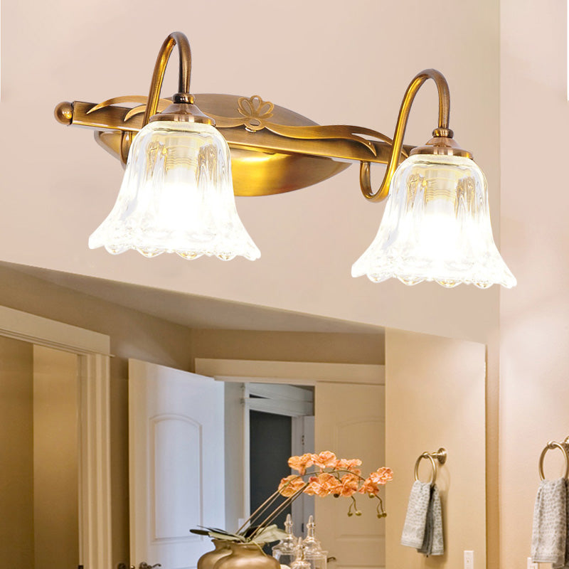 Bell Bathroom Vanity Sconce Light Clear Crystal 2/3/4-Head Vintage Style Wall Lamp with Gooseneck Arm in Brown Clearhalo 'Modern wall lights' 'Modern' 'Vanity Lights' 'Wall Lights' Lighting' 258872