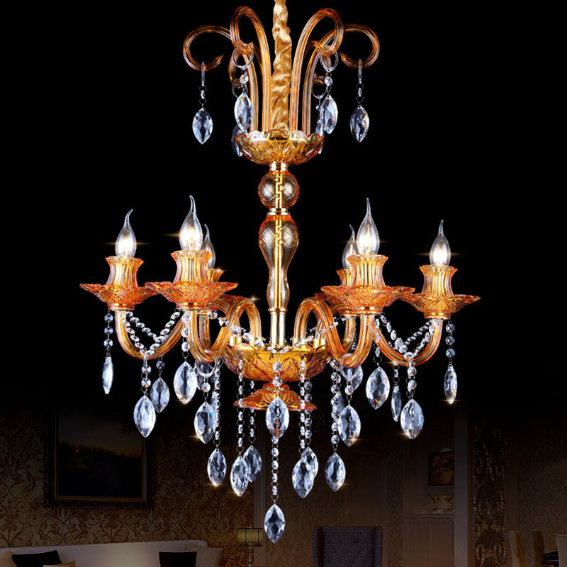 Gold Candle Chandelier Lighting Traditional Prism Glass 6 Heads Dining Room Hanging Lamp with Crystal Drip Clearhalo 'Ceiling Lights' 'Chandeliers' Lighting' options 258889