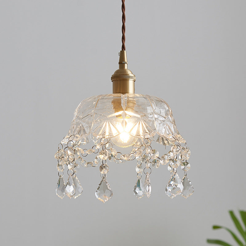 Floral Dining Room Suspension Light Retro Clear Glass 1 Light Brass Pendant Light Fixture with Crystal Drip Clearhalo 'Ceiling Lights' 'Glass shade' 'Glass' 'Industrial Pendants' 'Industrial' 'Middle Century Pendants' 'Pendant Lights' 'Pendants' 'Tiffany' Lighting' 2588910