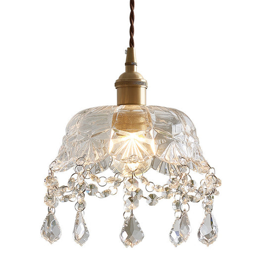 Floral Dining Room Suspension Light Retro Clear Glass 1 Light Brass Pendant Light Fixture with Crystal Drip Clear Clearhalo 'Ceiling Lights' 'Glass shade' 'Glass' 'Industrial Pendants' 'Industrial' 'Middle Century Pendants' 'Pendant Lights' 'Pendants' 'Tiffany' Lighting' 2588913