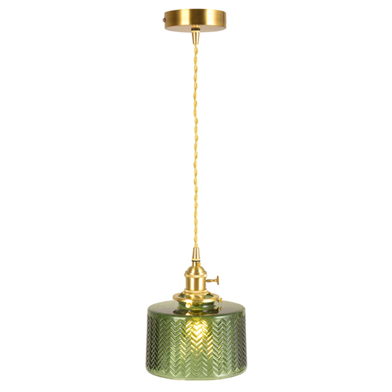 Wavy Glass Hanging Lamp Cylindrical 1 Light Vintage Industrial Pendant Light Fixture Green Clearhalo 'Ceiling Lights' 'Glass shade' 'Glass' 'Industrial Pendants' 'Industrial' 'Middle Century Pendants' 'Pendant Lights' 'Pendants' 'Tiffany' Lighting' 2588916