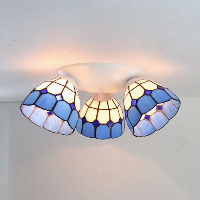 3 Heads Dome Shade Ceiling Light Mount Tiffany Stained Glass Ceiling Light Fixture in White/Clear White Clearhalo 'Ceiling Lights' 'Close To Ceiling Lights' 'Close to ceiling' 'Glass shade' 'Glass' 'Semi-flushmount' 'Tiffany close to ceiling' 'Tiffany' Lighting' 25890