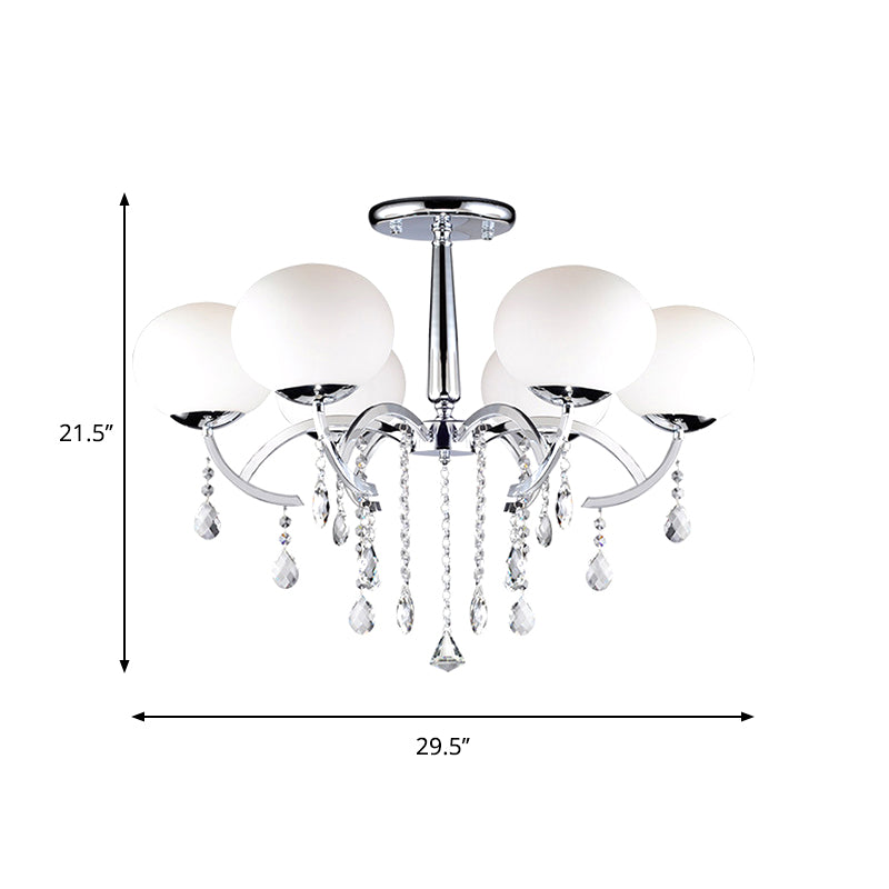 Milky Glass Ball Semi Chandelier Light Traditional 6-Light Chrome Finish Ceiling Lamp with Crystal Droplet Clearhalo 'Ceiling Lights' 'Close To Ceiling Lights' 'Close to ceiling' 'Semi-flushmount' Lighting' 258901