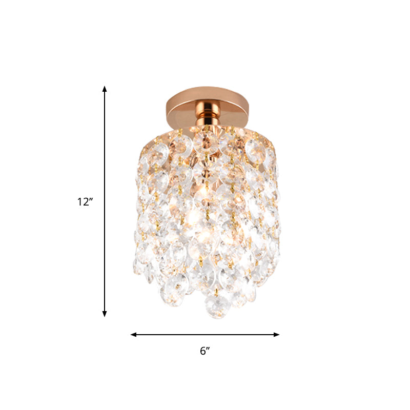 Golden Cylinder Mini Semi Flush Light Simplicity 1 Bulb Crystal Flush Mount Ceiling Lamp Clearhalo 'Ceiling Lights' 'Close To Ceiling Lights' 'Close to ceiling' 'Semi-flushmount' Lighting' 258905