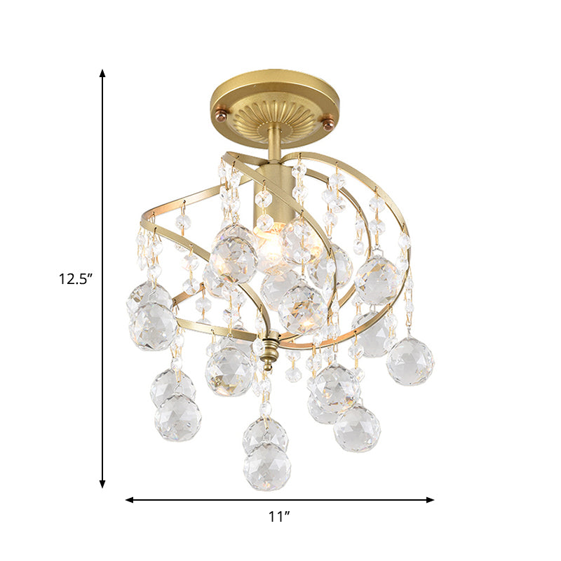 Spiral Semi Flush Lamp Contemporary Metallic 1 Light Golden Corridor Flush Ceiling Light with Crystal Drop Clearhalo 'Ceiling Lights' 'Close To Ceiling Lights' 'Close to ceiling' 'Semi-flushmount' Lighting' 258906