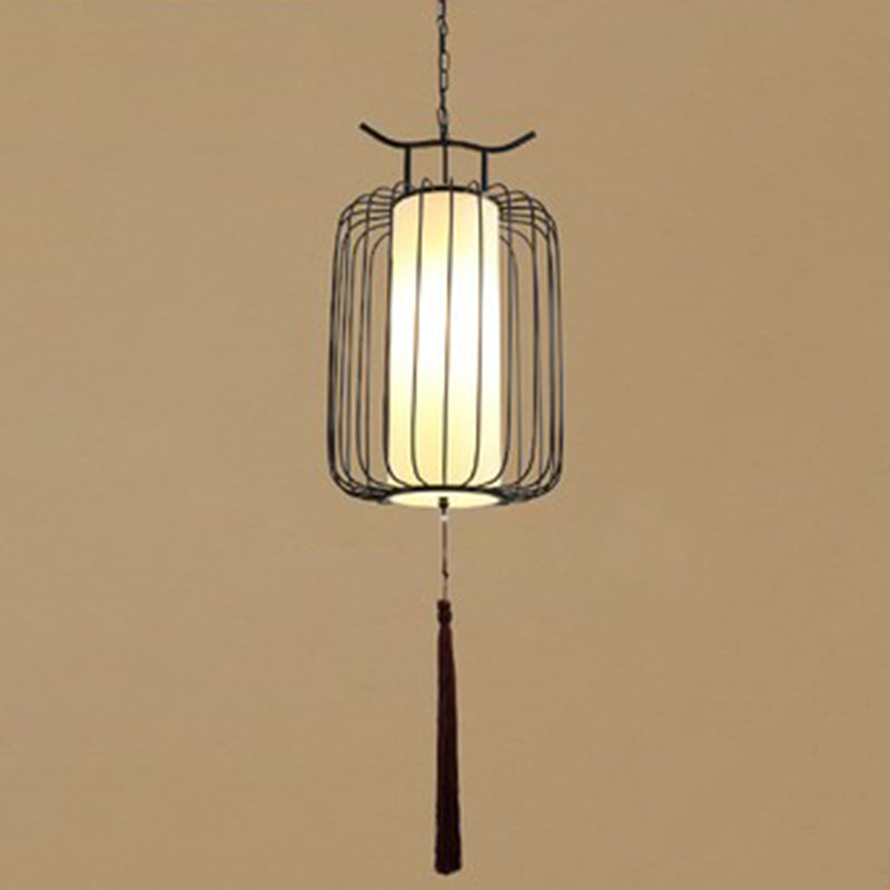 Vertical Cage Shade Pendant Lighting New Chinese Style Retro 1 Light Restaurant Hanging Lamp Black 18" Clearhalo 'Ceiling Lights' 'Pendant Lights' 'Pendants' Lighting' 2589091