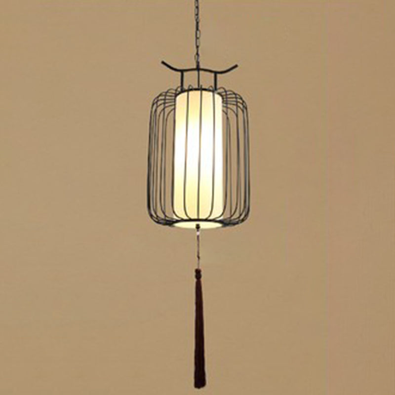 Vertical Cage Shade Pendant Lighting New Chinese Style Retro 1 Light Restaurant Hanging Lamp Black 14" Clearhalo 'Ceiling Lights' 'Pendant Lights' 'Pendants' Lighting' 2589093