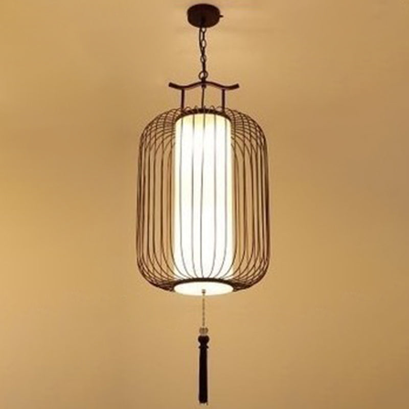 Vertical Cage Shade Pendant Lighting New Chinese Style Retro 1 Light Restaurant Hanging Lamp Copper 18" Clearhalo 'Ceiling Lights' 'Pendant Lights' 'Pendants' Lighting' 2589097