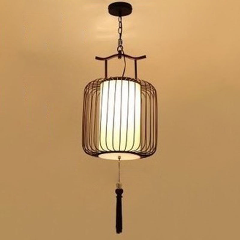 Vertical Cage Shade Pendant Lighting New Chinese Style Retro 1 Light Restaurant Hanging Lamp Copper 14" Clearhalo 'Ceiling Lights' 'Pendant Lights' 'Pendants' Lighting' 2589098