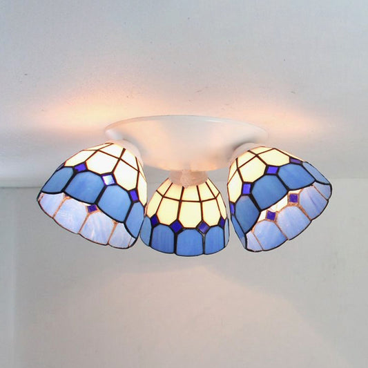 3 Heads Dome Shade Ceiling Light Mount Tiffany Stained Glass Ceiling Light Fixture in White/Clear White Clearhalo 'Ceiling Lights' 'Close To Ceiling Lights' 'Close to ceiling' 'Glass shade' 'Glass' 'Semi-flushmount' 'Tiffany close to ceiling' 'Tiffany' Lighting' 25890