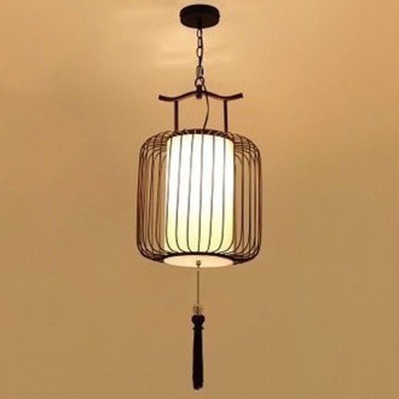 Vertical Cage Shade Pendant Lighting New Chinese Style Retro 1 Light Restaurant Hanging Lamp Copper 12" Clearhalo 'Ceiling Lights' 'Pendant Lights' 'Pendants' Lighting' 2589100