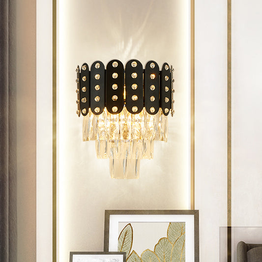 3 Lights 3 Tiers Wall Mounted Light Clear Faceted Crystal Contemporary Wall Lighting in Black Black Clearhalo 'Modern wall lights' 'Modern' 'Wall Lamps & Sconces' 'Wall Lights' Lighting' 258927