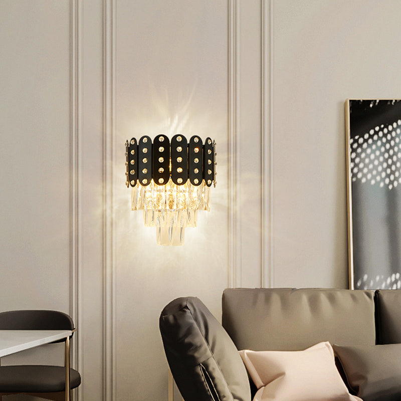 3 Lights 3 Tiers Wall Mounted Light Clear Faceted Crystal Contemporary Wall Lighting in Black Clearhalo 'Modern wall lights' 'Modern' 'Wall Lamps & Sconces' 'Wall Lights' Lighting' 258930