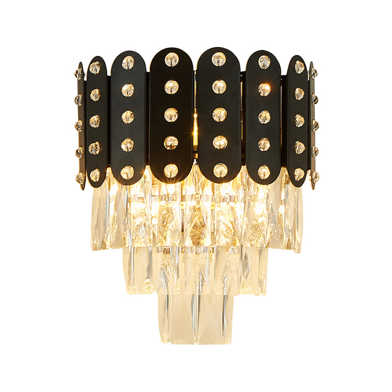 3 Lights 3 Tiers Wall Mounted Light Clear Faceted Crystal Contemporary Wall Lighting in Black Clearhalo 'Modern wall lights' 'Modern' 'Wall Lamps & Sconces' 'Wall Lights' Lighting' 258931