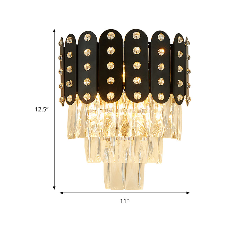 3 Lights 3 Tiers Wall Mounted Light Clear Faceted Crystal Contemporary Wall Lighting in Black Clearhalo 'Modern wall lights' 'Modern' 'Wall Lamps & Sconces' 'Wall Lights' Lighting' 258932