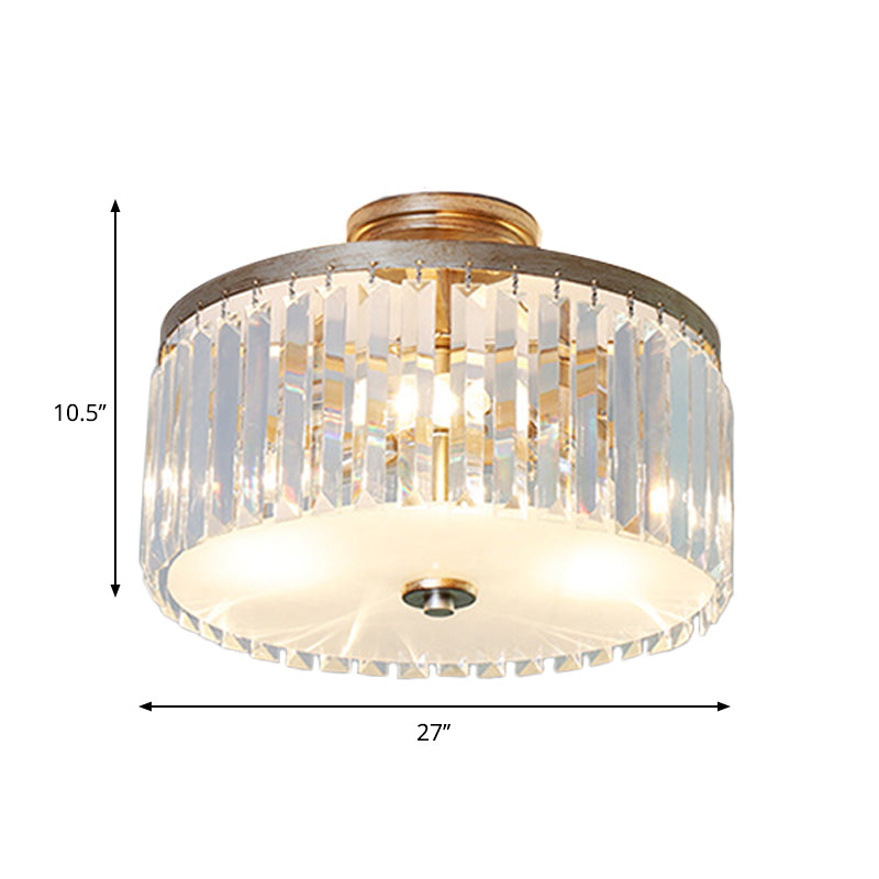 Crystal Drum Flush Mount Simplicity 3 Lights Dining Room Ceiling Lamp in Gold/Silver/Black Clearhalo 'Ceiling Lights' 'Close To Ceiling Lights' 'Close to ceiling' 'Semi-flushmount' Lighting' 258934