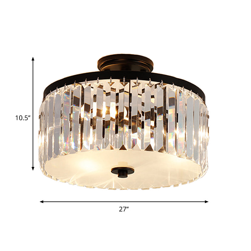 Crystal Drum Flush Mount Simplicity 3 Lights Dining Room Ceiling Lamp in Gold/Silver/Black Clearhalo 'Ceiling Lights' 'Close To Ceiling Lights' 'Close to ceiling' 'Semi-flushmount' Lighting' 258935